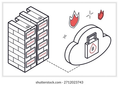Ilustración moderna del centro de datos Servidor de nube segura, rack de red e infraestructura digital