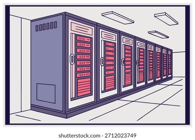 Ilustración moderna del centro de datos Servidor de nube segura, rack de red e infraestructura digital