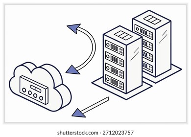 Ilustración moderna del centro de datos Servidor de nube segura, rack de red e infraestructura digital