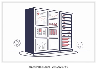 Ilustración moderna del centro de datos Servidor de nube segura, rack de red e infraestructura digital