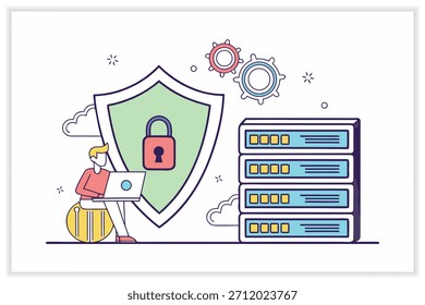 Ilustración moderna del centro de datos Servidor de nube segura, rack de red e infraestructura digital