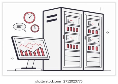 Ilustración moderna del centro de datos Servidor de nube segura, rack de red e infraestructura digital