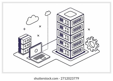 Ilustración moderna del centro de datos Servidor de nube segura, rack de red e infraestructura digital