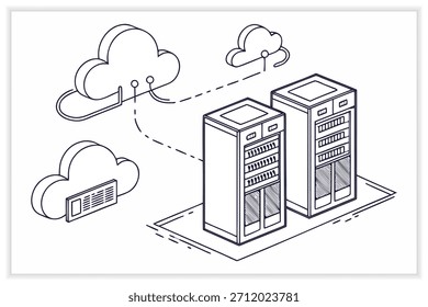Ilustración moderna del centro de datos Servidor de nube segura, rack de red e infraestructura digital