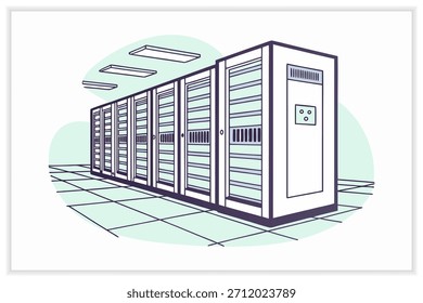 Ilustración moderna del centro de datos Servidor de nube segura, rack de red e infraestructura digital