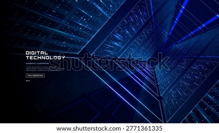 Modern data center interior with server racks and cloud computing infrastructure for secure digital data storage and network management solutions. Technology background. Digital vector illustration.