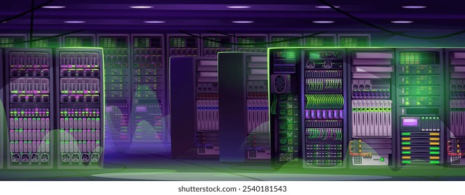 Interior moderno de la habitación del centro de datos iluminado por efectos de iluminación de neón verde. Racks de servidores con indicadores luminosos, paneles de monitorización, sistemas de ventilación de refrigeración y cables. Equipamiento de red Cyberpunk