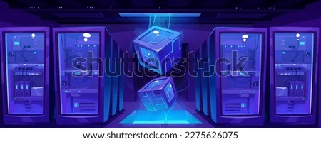 Modern data center room interior design. Vector cartoon illustration of office with server hardware, information security, crypto mining farm, computer hosting equipment. Communication technology