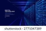 Modern data center visualization with server racks and flowing digital information streams, featuring abstract blue and green tech elements and text block placement. Digital technology vector cover