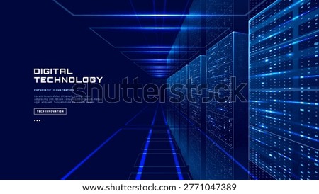 Modern data center visualization with server racks and flowing digital information streams, featuring abstract blue and green tech elements and text block placement. Digital technology vector cover