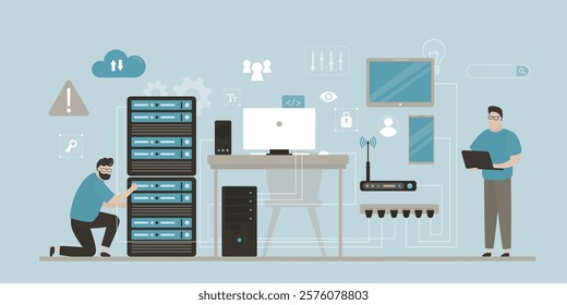 Modern data center, worker men repair and setup server. Room interior with desktop computer, information technology equipment for cloud storage, cyber security control. System admins at work. vector
