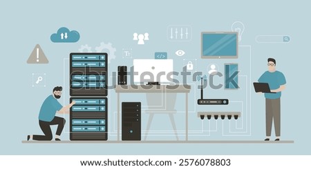 Modern data center, worker men repair and setup server. Room interior with desktop computer, information technology equipment for cloud storage, cyber security control. System admins at work. vector