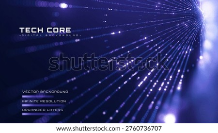 Modern data flow transformation concept with futuristic purple light ray. Abstract technology background showing digital core and glowing neon dot line. Vector illustration.