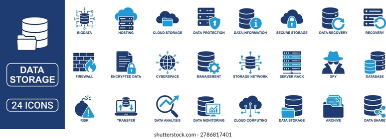 Modern data storage icon set designed for cloud computing, cybersecurity, hosting services, database management, and IT infrastructure projects. Includes encrypted data, server rack, backup, recovery, monitoring, firewall, cloud storage, archive, transfer, and data sharing icons in a clean solid vector style. Perfect for dashboards, apps, websites, and technology platforms.