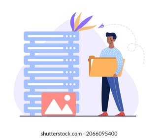 Modern database concept. Man holds folder and puts it into system for storing and transmitting information. Hard drive with company documents. Employee shares data. Cartoon flat vector illustration