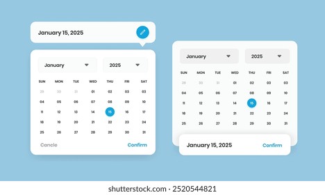 Modern date picker calendar popup layout design with two variations for mobile and web interface design