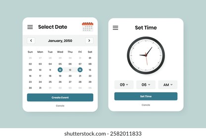 Modern Date and Time Selection UI Kit Design for Mobile and Web Applications
