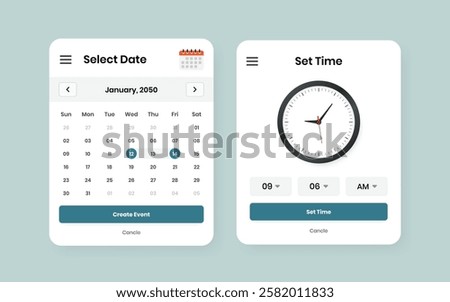 Modern Date and Time Selection UI Kit Design for Mobile and Web Applications