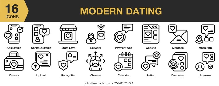 Modern Dating icon set. Includes Dating, Letter, Love, Romance, Valentines, and More. Outline icons vector collection.