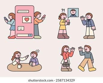 Modern dating and relationships illustration set. Features online chatting, first meetings, dating surprises, and fun conversations. Cute flat-style characters with pastel colors