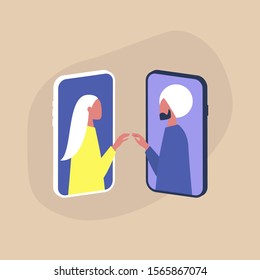 Modern dating service, two characters touching each other's hands through the smartphone screens