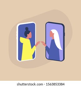 Modern dating service, two female characters touching each other's hands through the smartphone screens