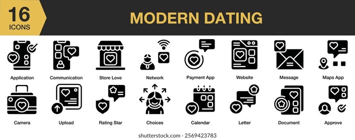 Modern Dating solid icon set. Includes Dating, Letter, Love, Romance, Valentines, and More. Solid icons vector collection.