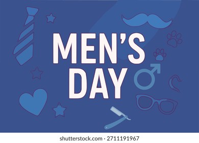 Fondo moderno del día de los hombres con degradado azul, bigote, corbata, gafas e iconos. Perfecto para el Día Internacional del Hombre, Anuncios en redes sociales, carteles, tarjetas y promociones de festivales en todo el mundo.