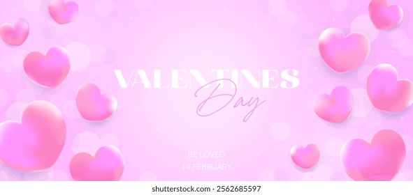 Modern Valentine’s Day banner with pink hearts and bokeh. Stylish romantic design for greeting cards, posters, and social media posts. February 14 love-themed illustration.