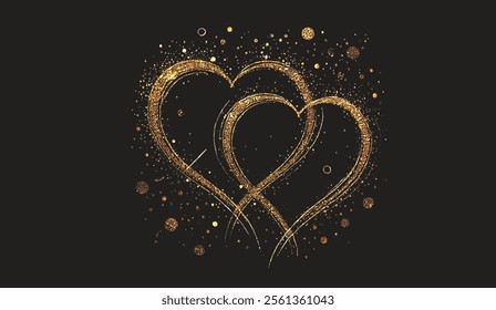 modern Valentine’s Day card featuring two hearts crafted from gold glitter confetti with delicate lines on a black background. A trendy, minimalistic design for banners, cards, and decor