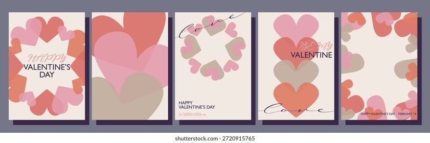Modern Valentine’s Day Card Set with Layered Hearts and Handwritten Typography