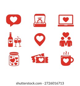 Modern Valentine’s Day flat red icon set featuring love chat, engagement ring box, romantic laptop, wine date, location heart pin, couple, love jar, tickets and coffee mug. Perfect for apps, websites, UI, banners, stickers and greeting designs.