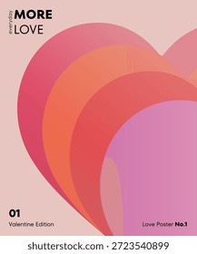 Moderno diseño de cartel de San Valentín con Formas abstractas de corazón en colores degradados suaves. Una composición minimalista y elegante adecuada para temas románticos, imágenes de redes sociales, arte mural, tarjetas de felicitación y campañas de temporada. Estilo gráfico contemporáneo con tonos cálidos de rosa, rojo y naranja.