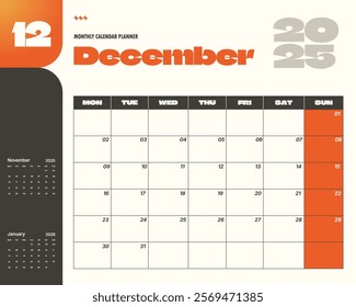 Modern December 2025 calendar planner template.  Ideal for scheduling and organization.