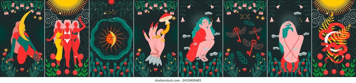 baraja moderna de cartas tarot. predicción o adivinación de futuro y destino, personajes místicos. imprimir en ropa o tela