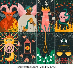 modern deck of tarot cards. prediction or fortune telling of the future and fate, mystical characters. printing on clothes or fabric
