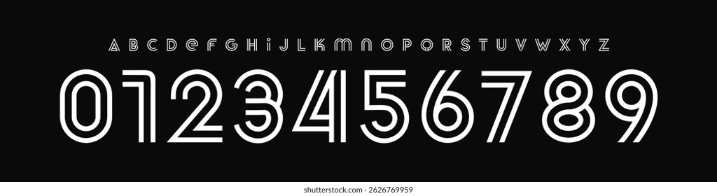 Modern deco alphabet, elegant line font, striped monoline typography, retro fashion typeface, luxury logo numbers, editorial branding style, beauty design letters. Vector typeset