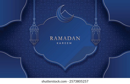 Modern decoration paper style ramadan. Islamic holiday greetings background with crescent moon and lantern. 