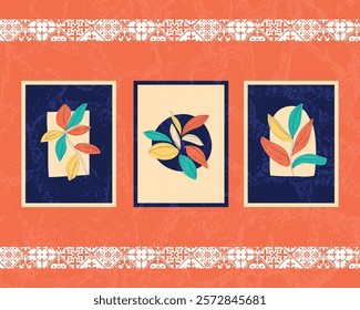 Modern Decorative Art With Bold Leaves and Ornamental Patterns. A vibrant illustration composed of colorful stylized leaf shapes and geometric decorations emphasizing an artistic and ornamental design