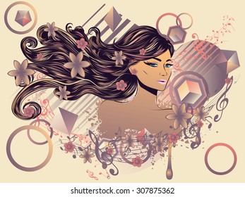 Modern decorative background with abstract girl portrait and music notes.