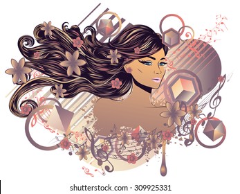 Modern decorative background with abstract girl portrait and music notes.