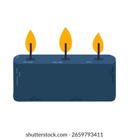 Modern decorative candle with three flames in a dark blue rectangular wax block