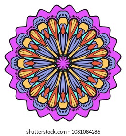 Modern Decorative floral color mandala. Super vector round Shapes. Vector illustration. Red, gold, purple color.