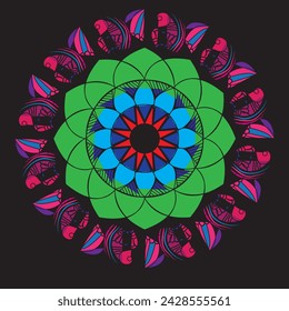 Modern Decorative Floral Color Mandala. Super Round Shapes. Illustration. Black, red purple color.