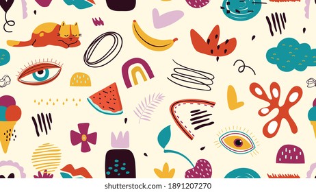 Modern decorative pattern. Cute cat, fruits and contemporary abstract elements background. Trendy colorful vector seamless texture