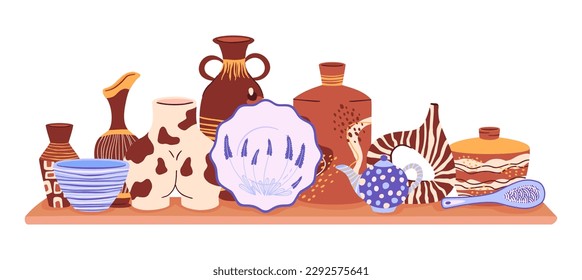 Modern decorative pottery. Ceramic crockery, hand drawn tableware, shelf with kitchen pottery. Handmade clay ceramic crockery vector illustration