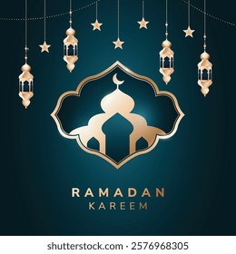 Modern decorative ramadan background with mosque and lantern.