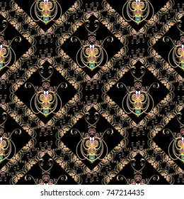 Modern decorative seamless pattern. Vector black abstract background with rhombus figured ornamental frames, paisley flowers, swirl decorative may bugs. Vintage insect design. Ornate fabric texture 