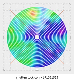 Modern decorative technical vector illustration. Visual thermal navigation system. Colorful round heatmap. Image of working radar. Vivid scientific background. Element of design.