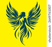 Modern decorative vector art of a strong elegant angel woman, Mystical female angel figure with detailed wings and graceful curves in artistic tribal tattoo-inspired design perfect for fantasy